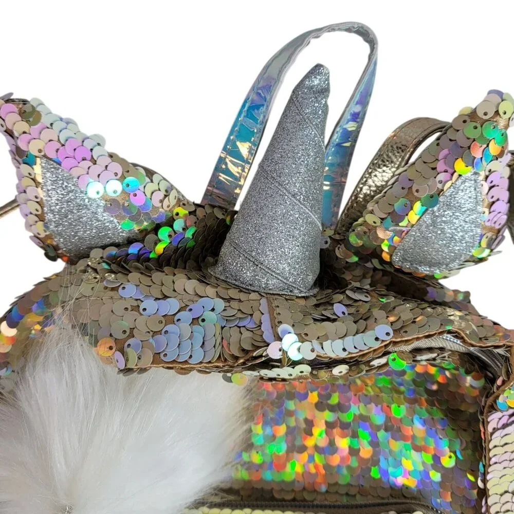 Justice Monogram E Sequin Mini Backpack Gold Unicorn Zipper Pockets Furry Adj